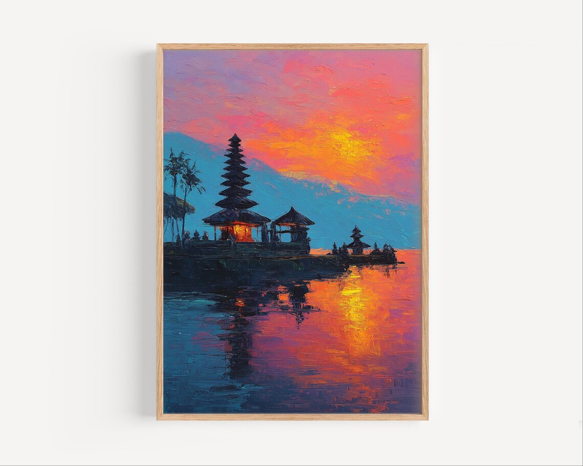 Bali Lake Temple Sunset Painting Indonesia Water Temple Travel Poster