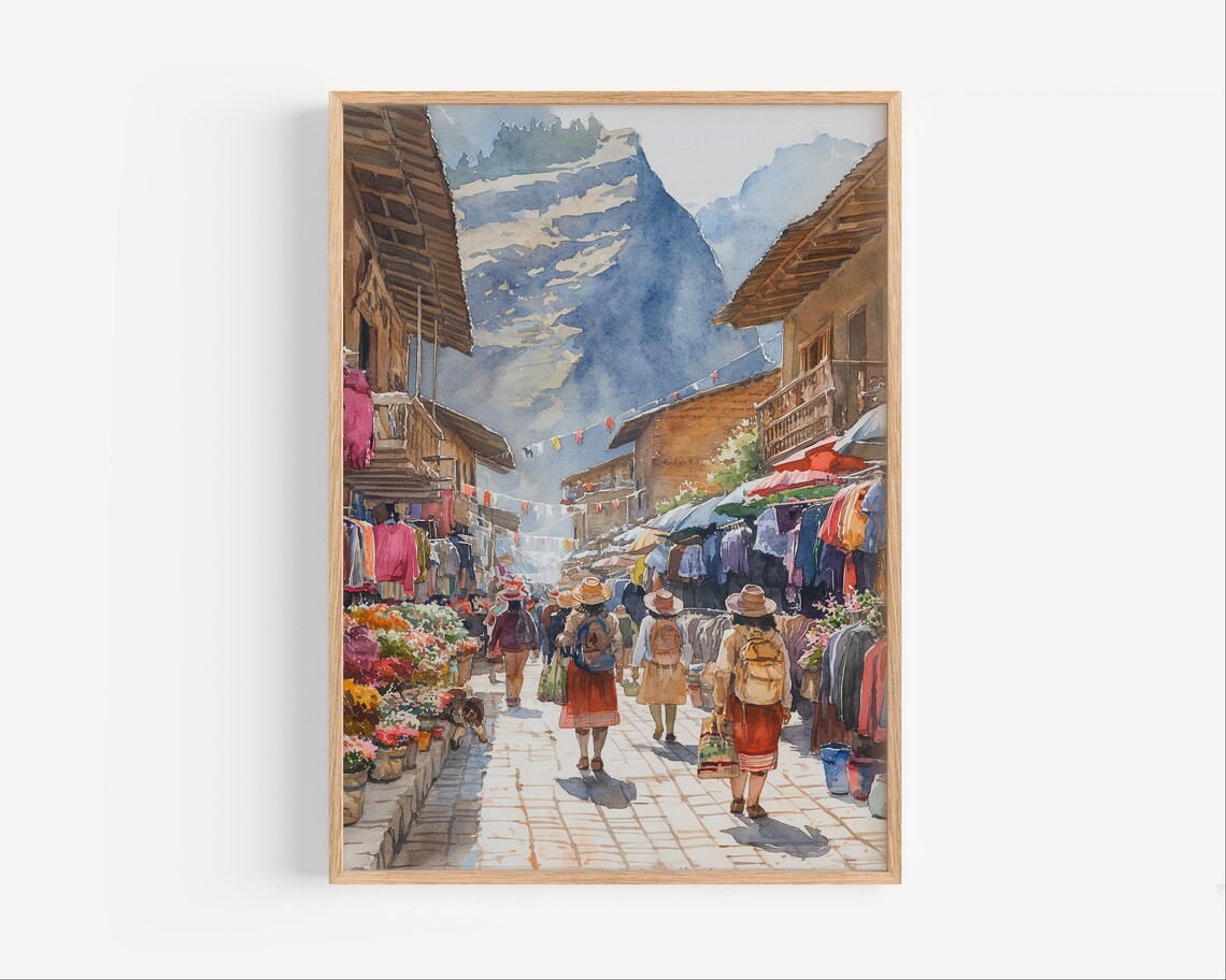 Vibrant Andean Street Market Mountain Village Colorful Watercolor Poster