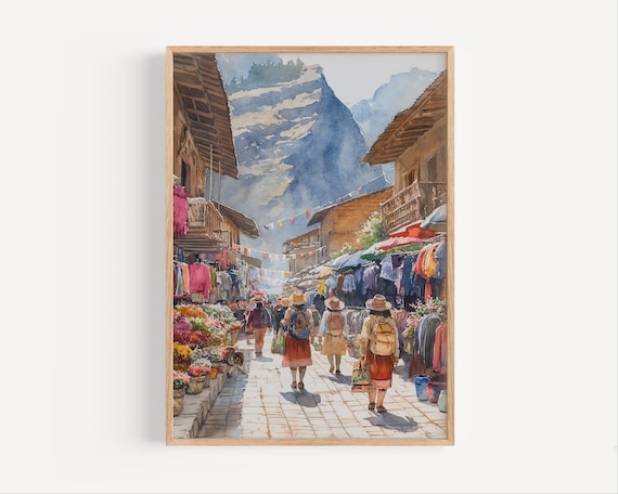 Vibrant Andean Street Market Mountain Village Colorful Watercolor Poster