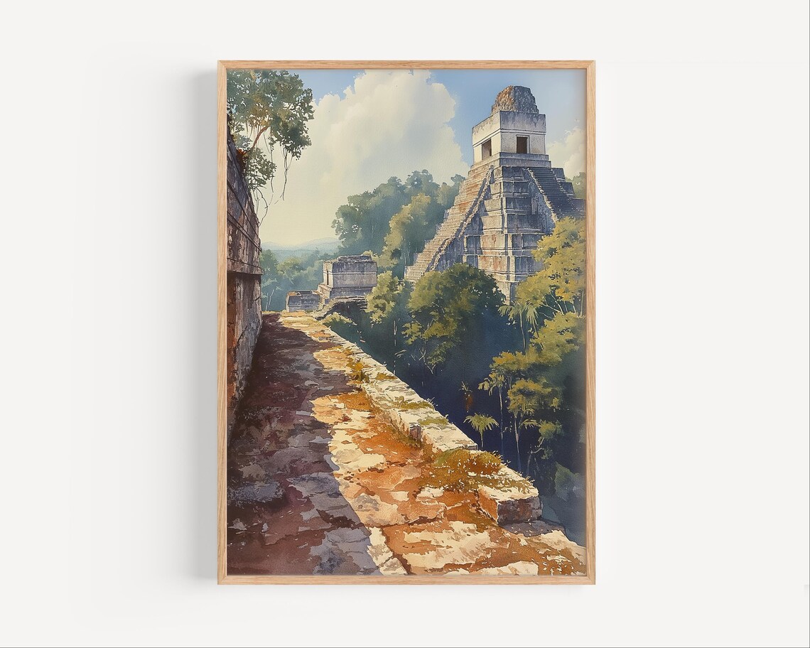 Ancient Mayan Pyramid Jungle Ruins Watercolor Travel Art Poster