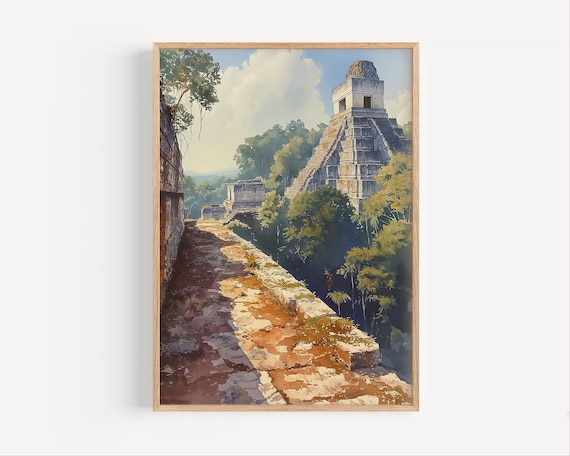 Ancient Mayan Pyramid Jungle Ruins Watercolor Travel Art Poster
