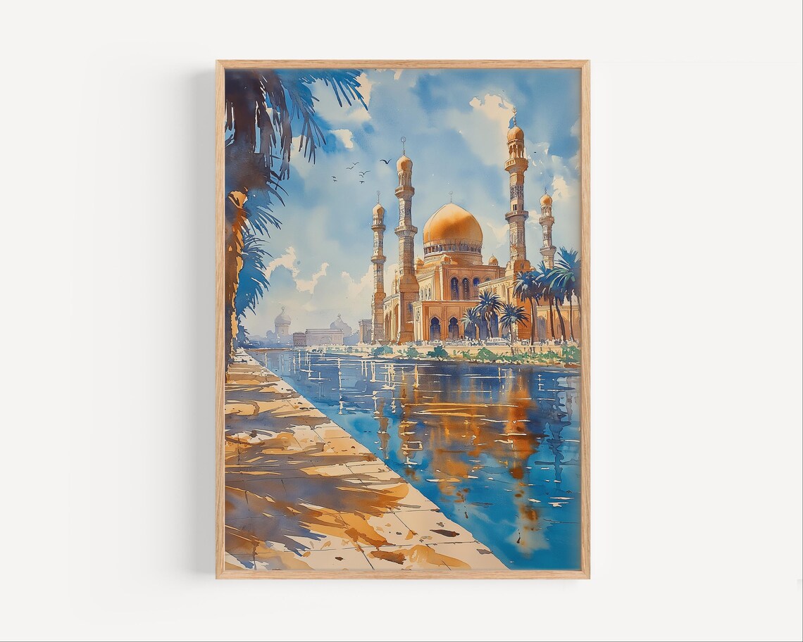 Baghdad Golden Dome Mosque Riverside Palms Watercolor Iraq Poster