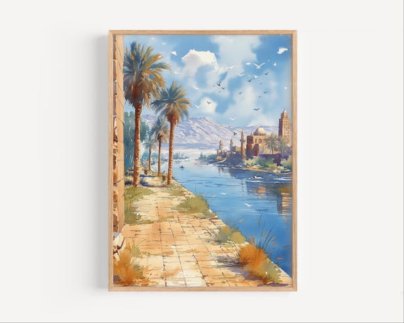 Tigris River Baghdad Watercolor Painting Poster Or Canvas Print Oil Paint Style Iraq Wall Decor
