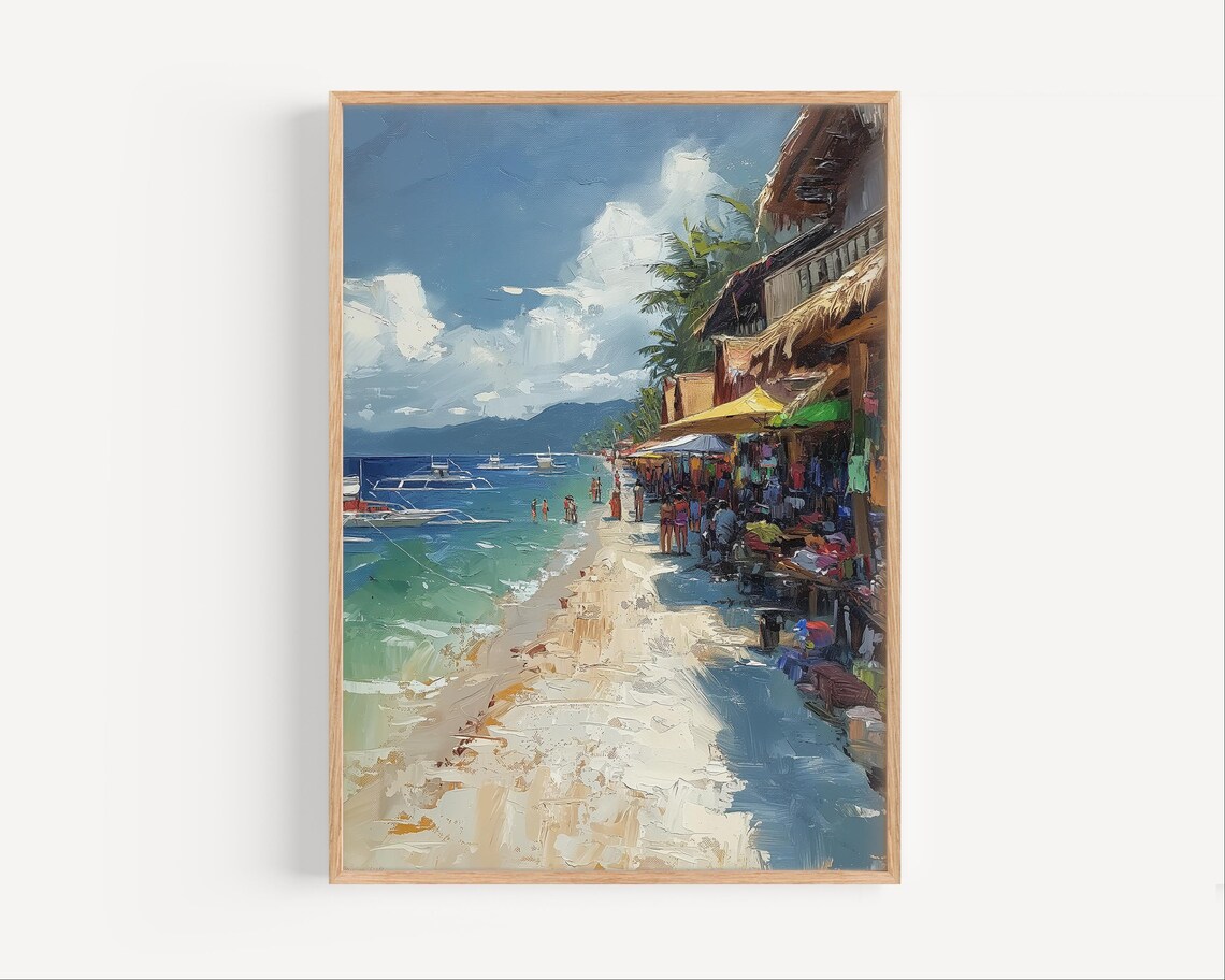 Cebu Philippines Beach Market Umbrellas Oil Painting Tropical Poster