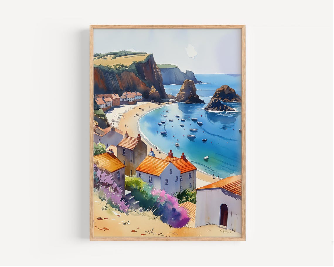 Cornwall Coastal Cliffs Beach Cove Watercolor England Poster