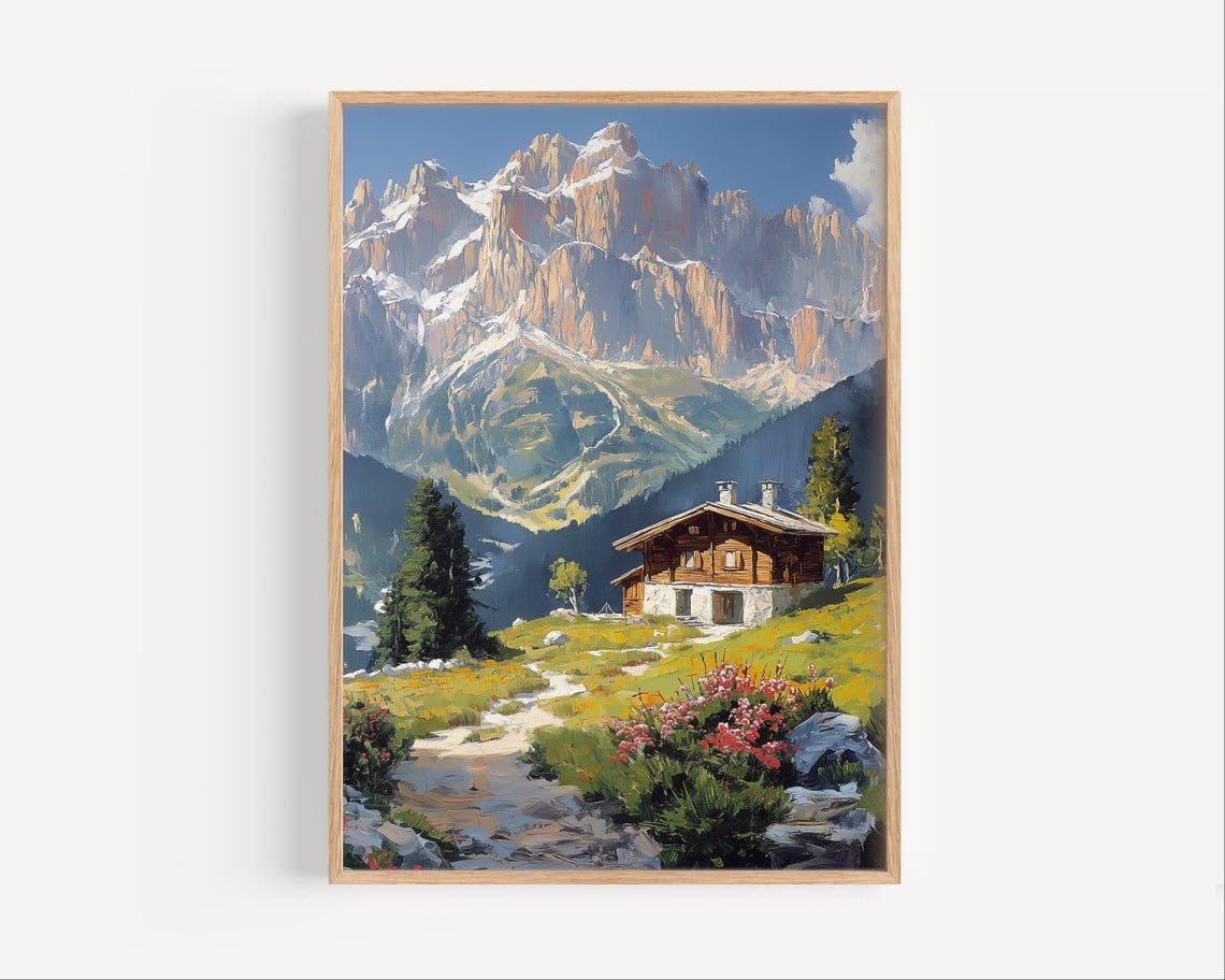 Alpine Mountain Chalet Snow Peaks Summer Meadow Painting Poster