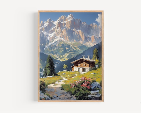 Alpine Mountain Chalet Snow Peaks Summer Meadow Painting Poster