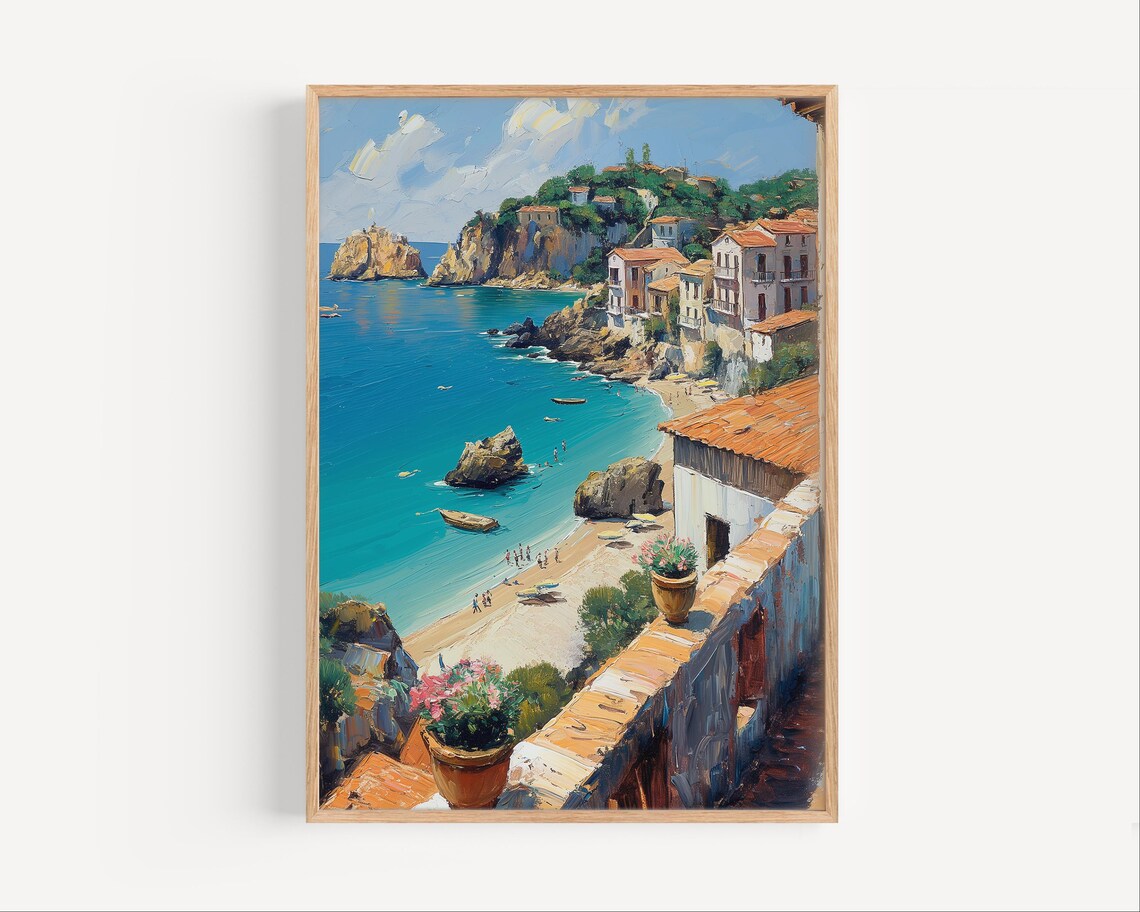 Italian Coastal Town Cliff Village Turquoise Sea Oil Painting Style Poster