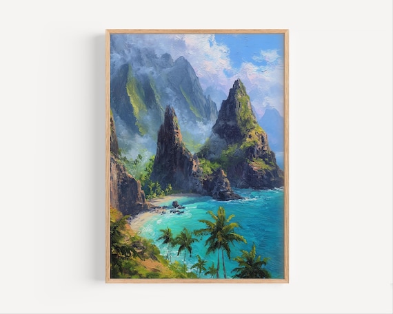 Tropical Island Volcanic Peaks Turquoise Bay Oil Painting Print