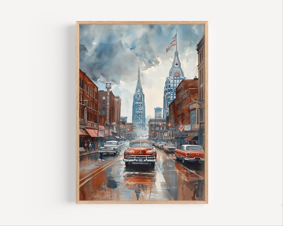 Vintage Classic Cars Rainy City Street American Painting Poster