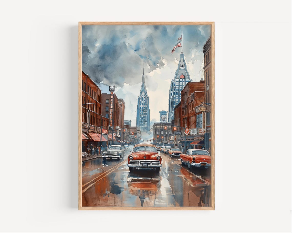 Nashville In The 1950s Watercolor Painting Gicle Print Retro Travel Poster Or Canvas Classic Cars 50s Wall Art Usa Gift
