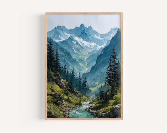 North Cascades Mountain Valley River Watercolor Landscape Poster