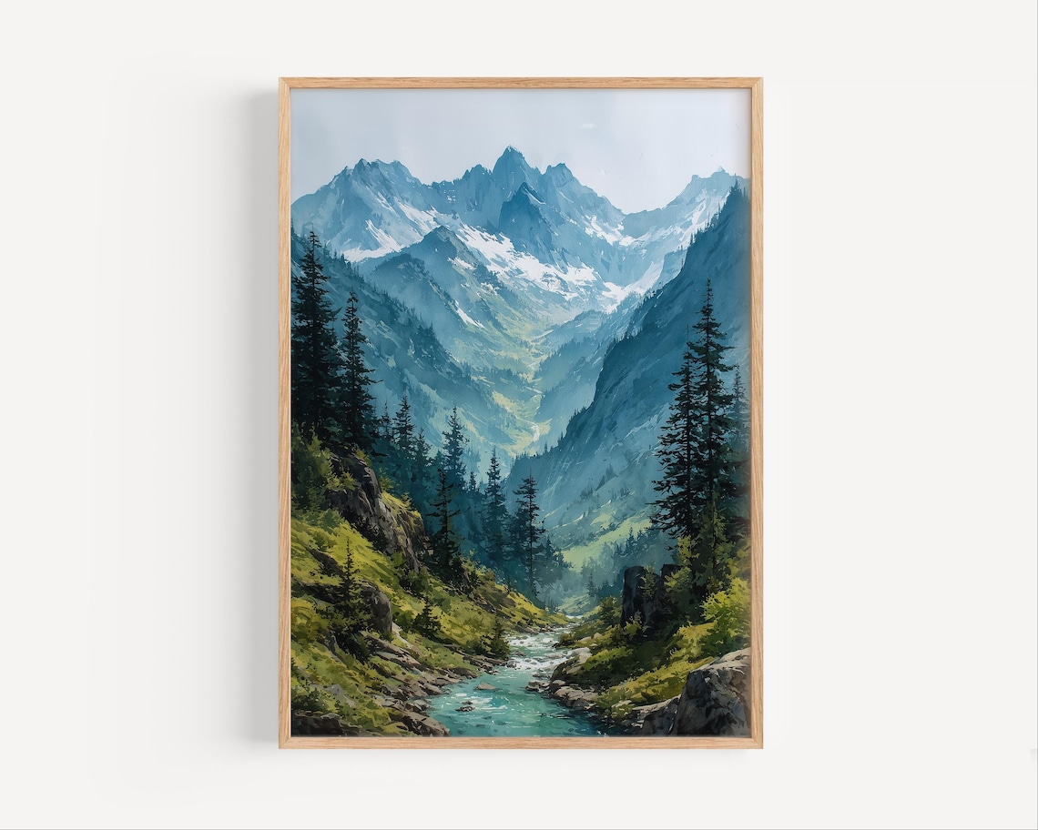 North Cascades Mountain Valley River Watercolor Landscape Poster