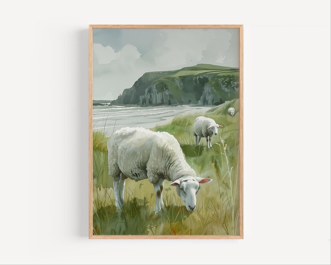 Grazing Sheep Coastal Watercolor Seaside Pasture Painting Poster