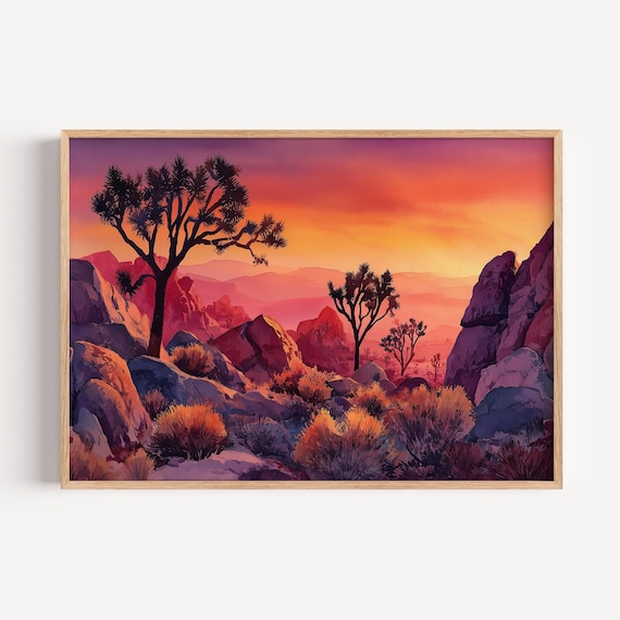 Joshua Tree Sunset Desert Silhouette Watercolor Landscape Poster