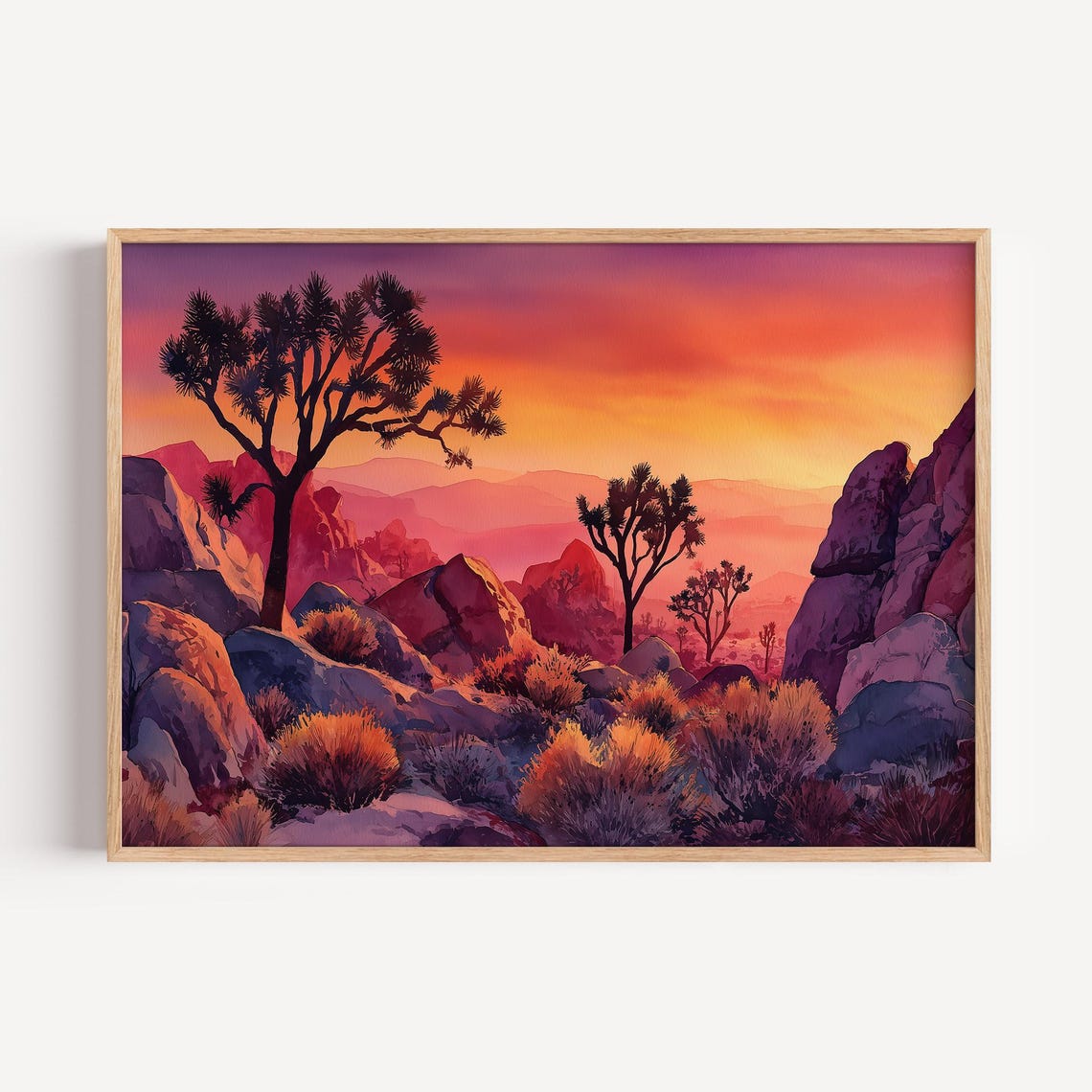Joshua Tree Sunset Desert Silhouette Watercolor Landscape Poster