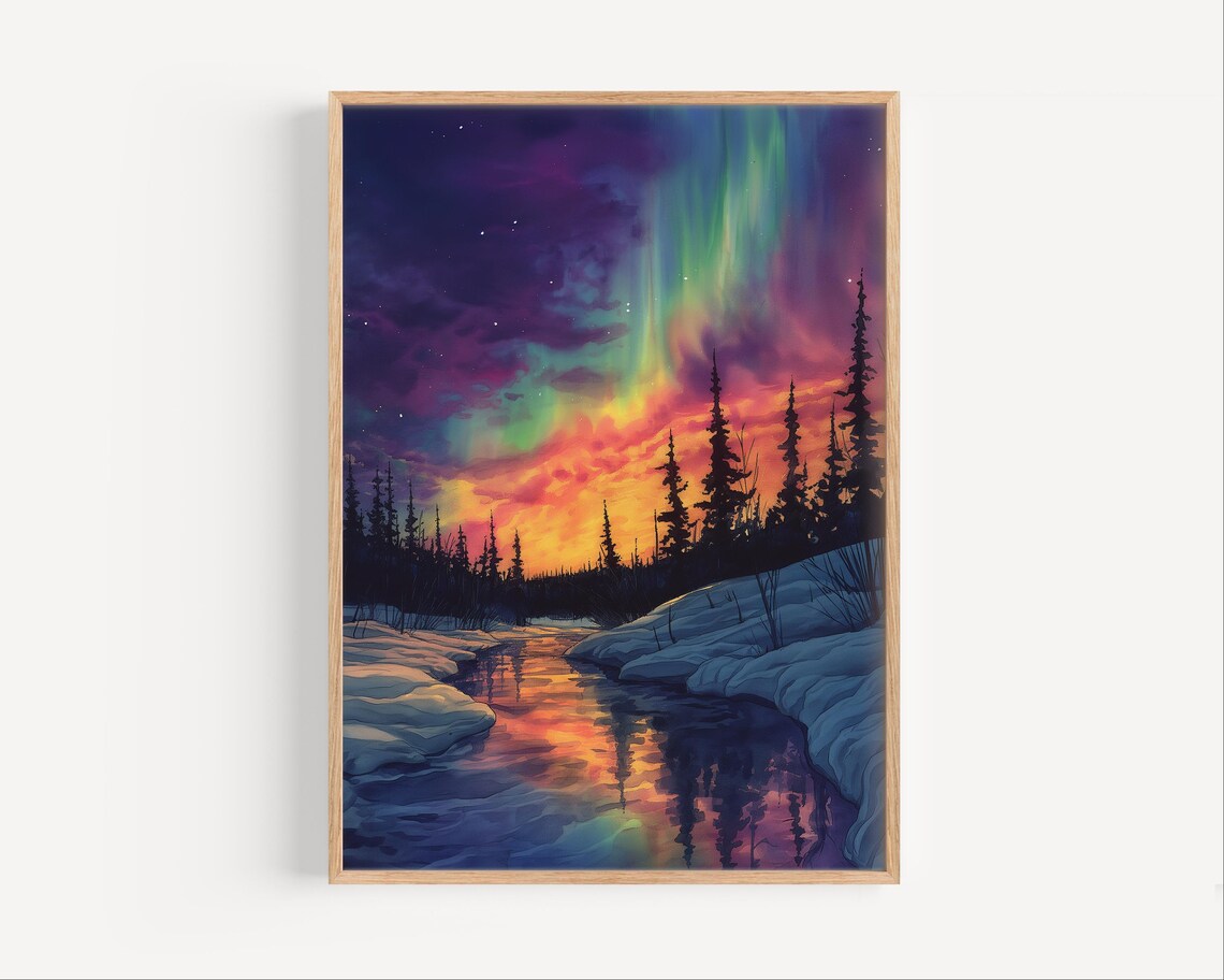 Aurora Borealis Over Snowy Pine Forest River Vivid Winter Sky Art Poster