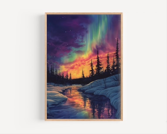 Aurora Borealis Over Snowy Pine Forest River Vivid Winter Sky Art Poster