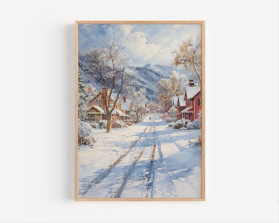 Snowy Village Street in Winter Cozy Mountain Town Art Poster
