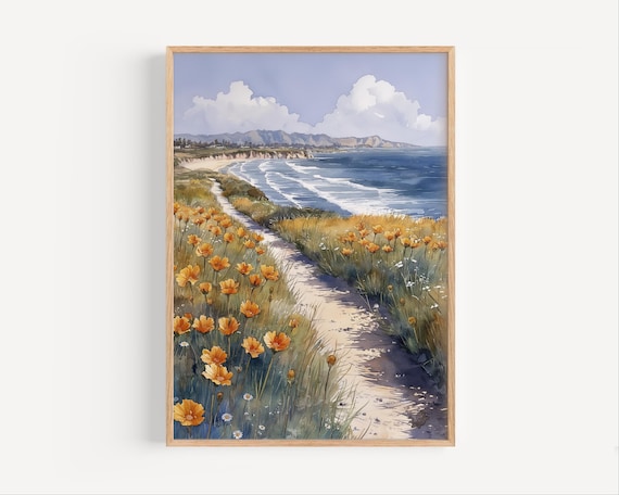 Torrey Pines San Diego Coast Wildflower Watercolor Beach Poster