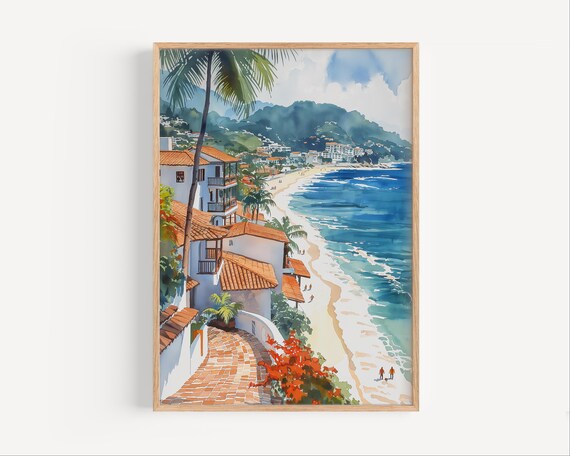 Puerto Vallarta Beach Villas Watercolor Terracotta Path Ocean Poster
