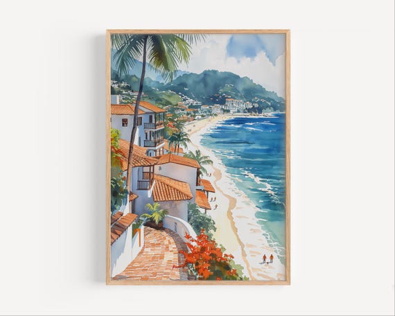 Puerto Vallarta Beach Watercolor Painting Mexico Travel Poster Or Canvas Print Villas Wall Art Gift