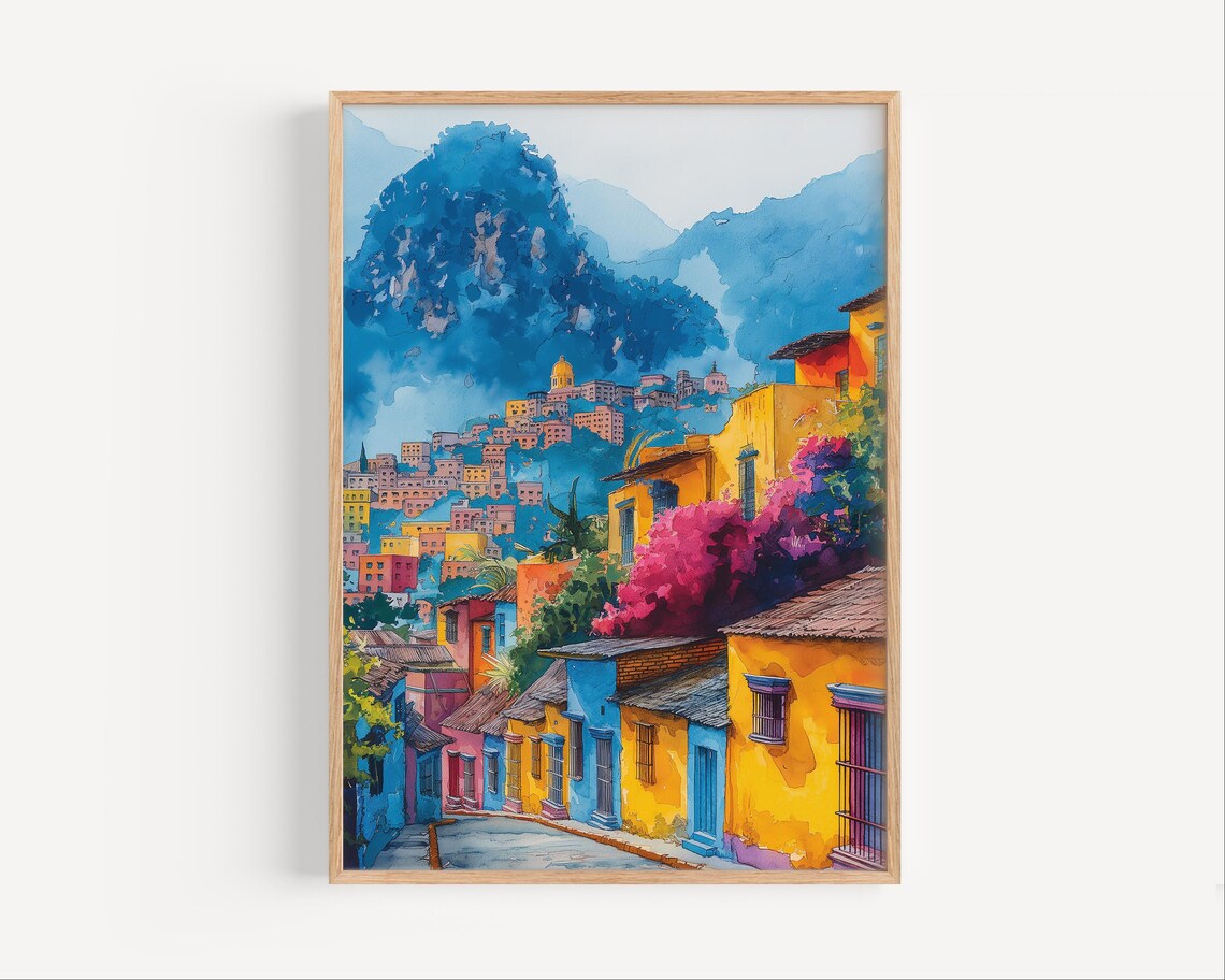 Guatemala City Vibrant Hillside Watercolor Colorful Houses Travel Poster