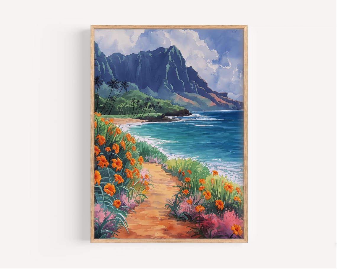 Tropical Coastline With Palms and Flowers Watercolor Painting Poster