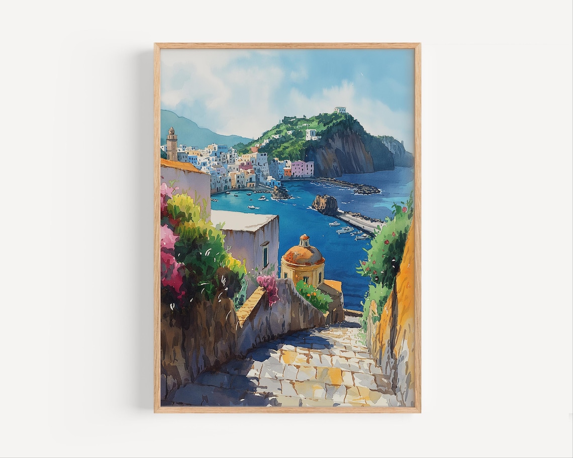 Mediterranean Harbor Town Stone Steps Colorful Watercolor Travel Poster