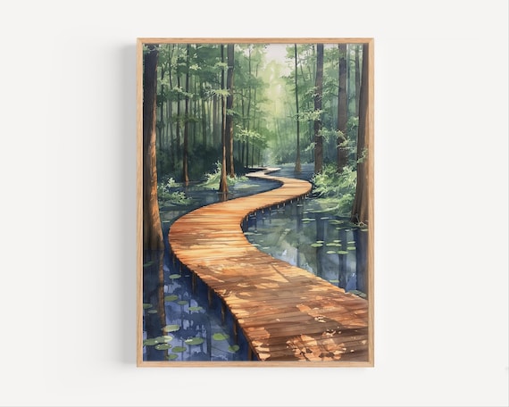 Congaree Wetlands Boardwalk Swamp Forest Watercolor Nature Poster