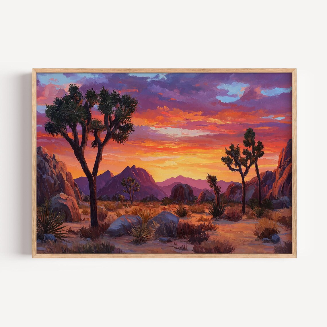 Joshua Tree Landscape Sunset Travel Poster, Oil Style