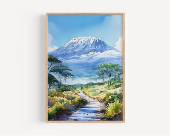 Mount Kilimanjaro Watercolor Painting Tanzania Volcano Wall Art Poster Or Canvas Print Africa Travel Gift African Natural Wonder