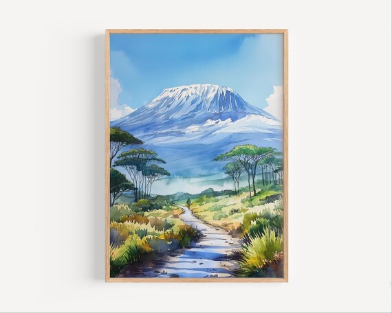 Mount Kilimanjaro Watercolor Tanzania Africa Volcano Travel Poster