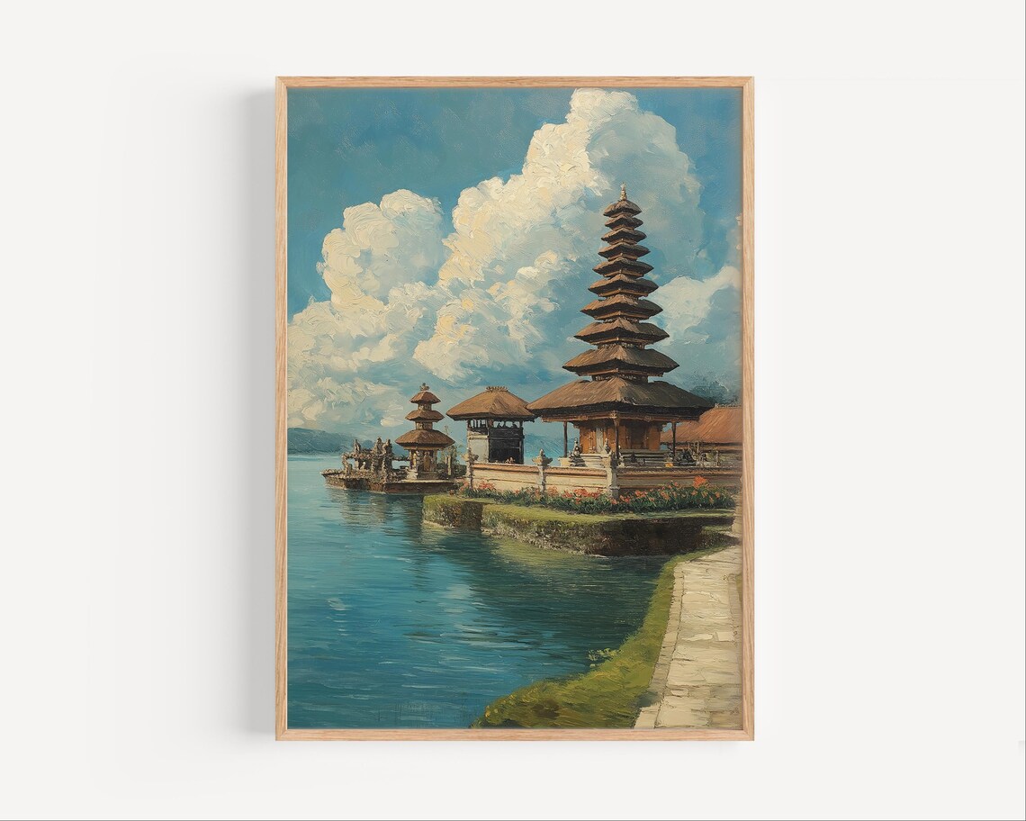 Bali Water Temple Daytime Oil Painting Indonesia Lake Shrine Art Poster