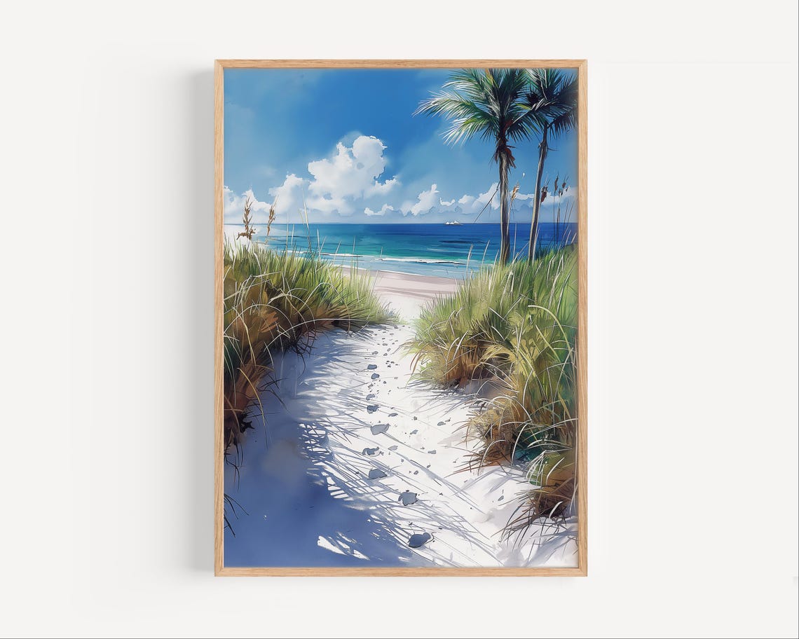 Sandy Beach Path Dune Grass Ocean Watercolor Coastal Scene Poster