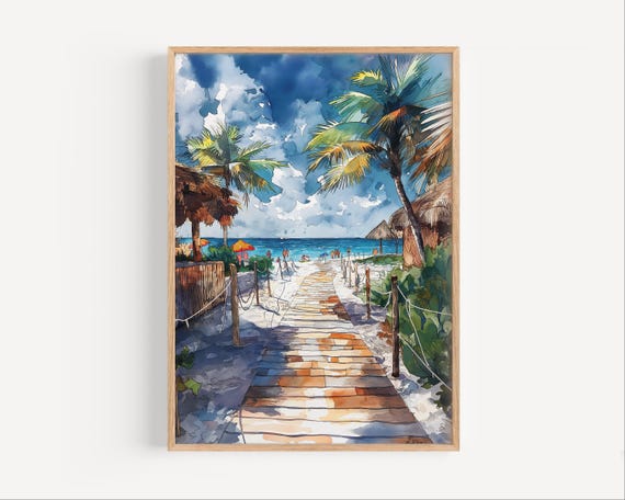 Isle Mujeres Watercolor Painting Mexico Travel Poster Or Canvas Print Wall Art Gift Beach