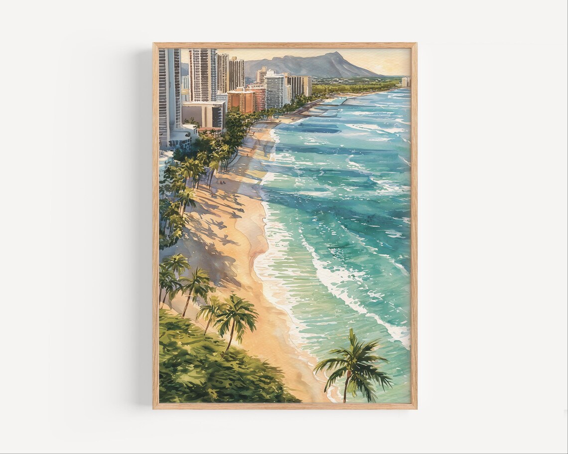 Tropical Waikiki Beach Honolulu Aerial Shoreline Watercolor Poster