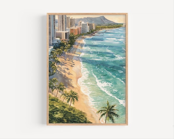 Tropical Waikiki Beach Honolulu Aerial Shoreline Watercolor Poster
