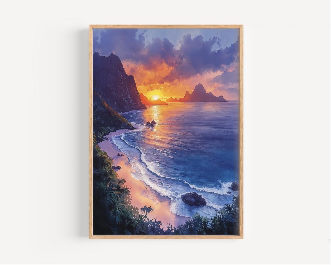 Tropical Island Sunset Golden Ocean Waves Cliff Coast Painting Poster