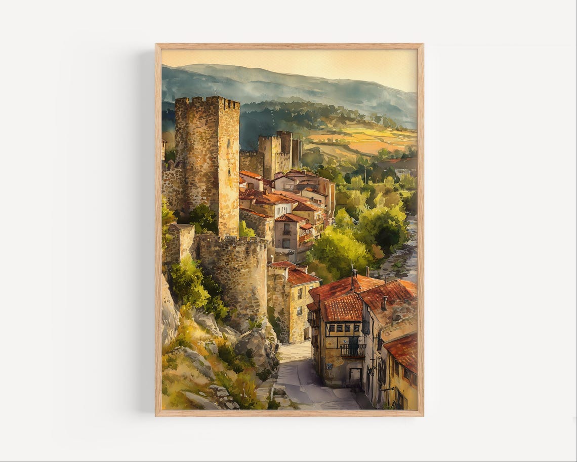 Ponferrada Spain Castle Old Town Watercolor Medieval Travel Poster