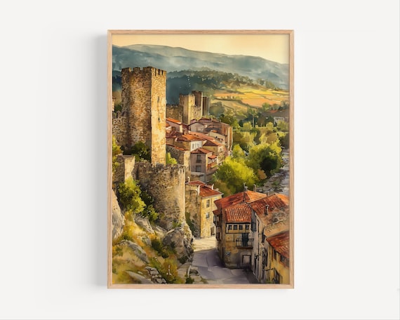 Ponferrada Spain Castle Old Town Watercolor Medieval Travel Poster