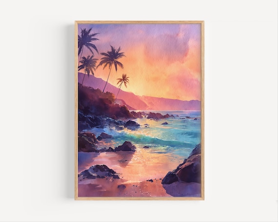 Hawaiian Beach Sunset Palm Silhouettes Ocean Watercolor Wall Art