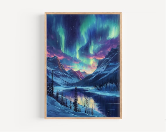 Northern Lights Aurora Borealis Over Snowy Mountain Lake Night Sky Poster