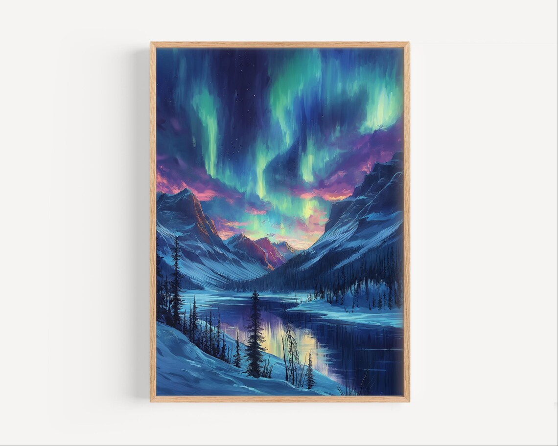 Northern Lights Aurora Borealis Over Snowy Mountain Lake Night Sky Poster