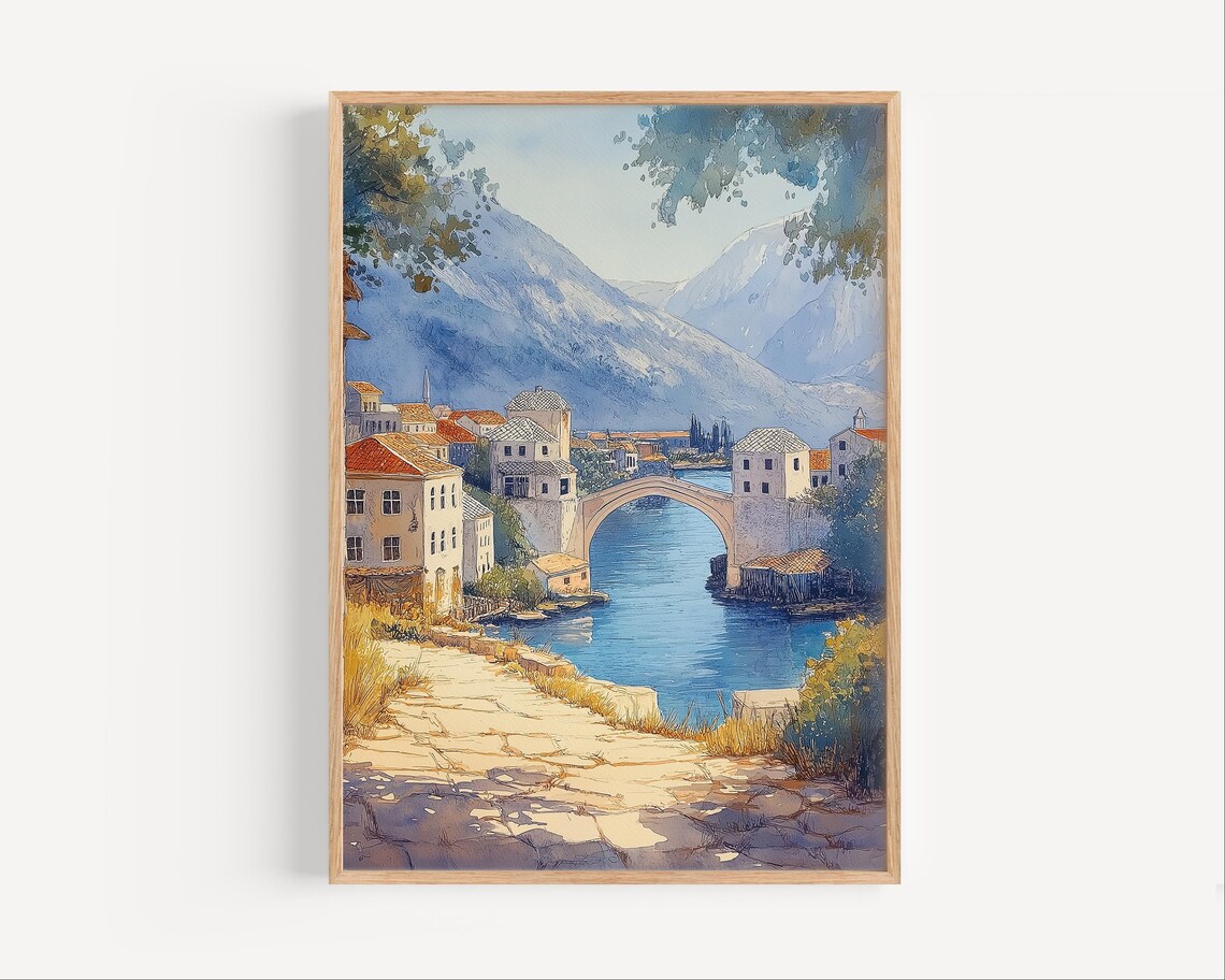 Trebinje Old Town Bosnia Arched Stone Bridge Watercolor Poster