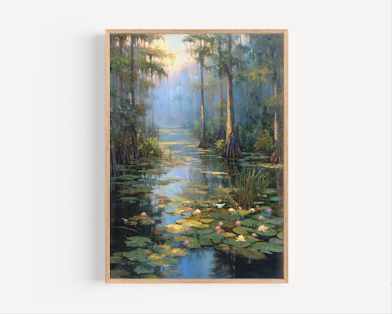 Tranquil Cypress Swamp Water Lilies Serene Nature Painting Poster