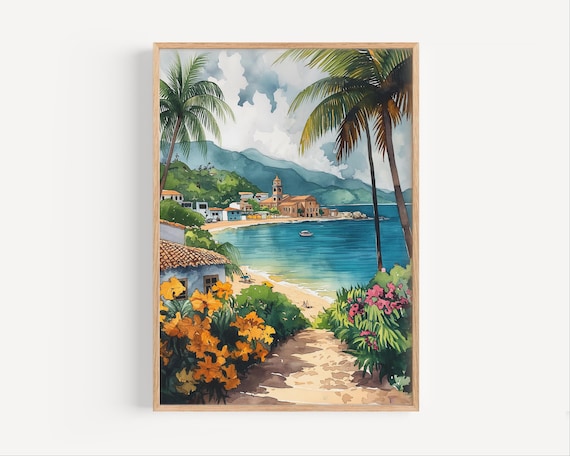 Tropical Beach Cove with Seaside Village Vibrant Watercolor Poster
