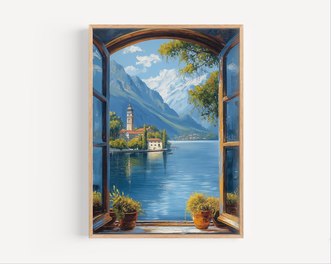 Lake Como Italian Window View Oil Painting Church Tower Poster