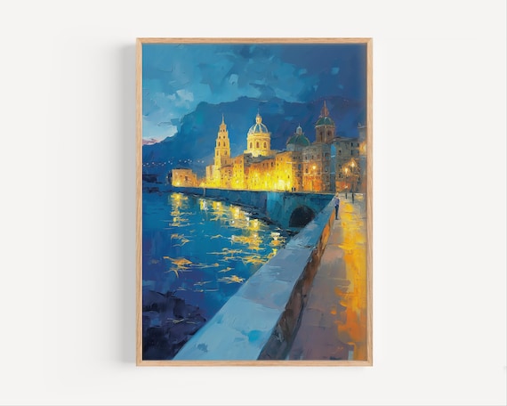 European Old Town Night Harbor Glowing Lights Romantic Cityscape Poster