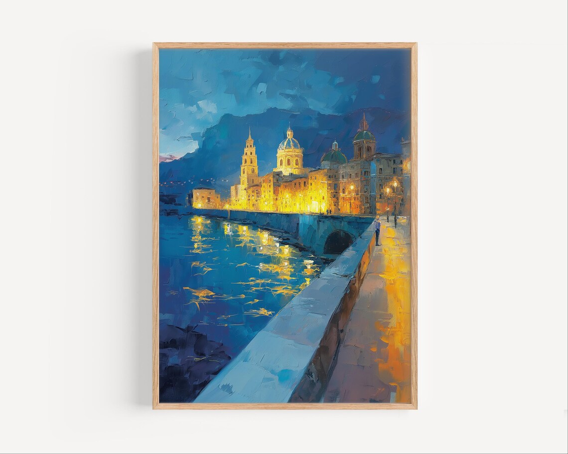 European Old Town Night Harbor Glowing Lights Romantic Cityscape Poster